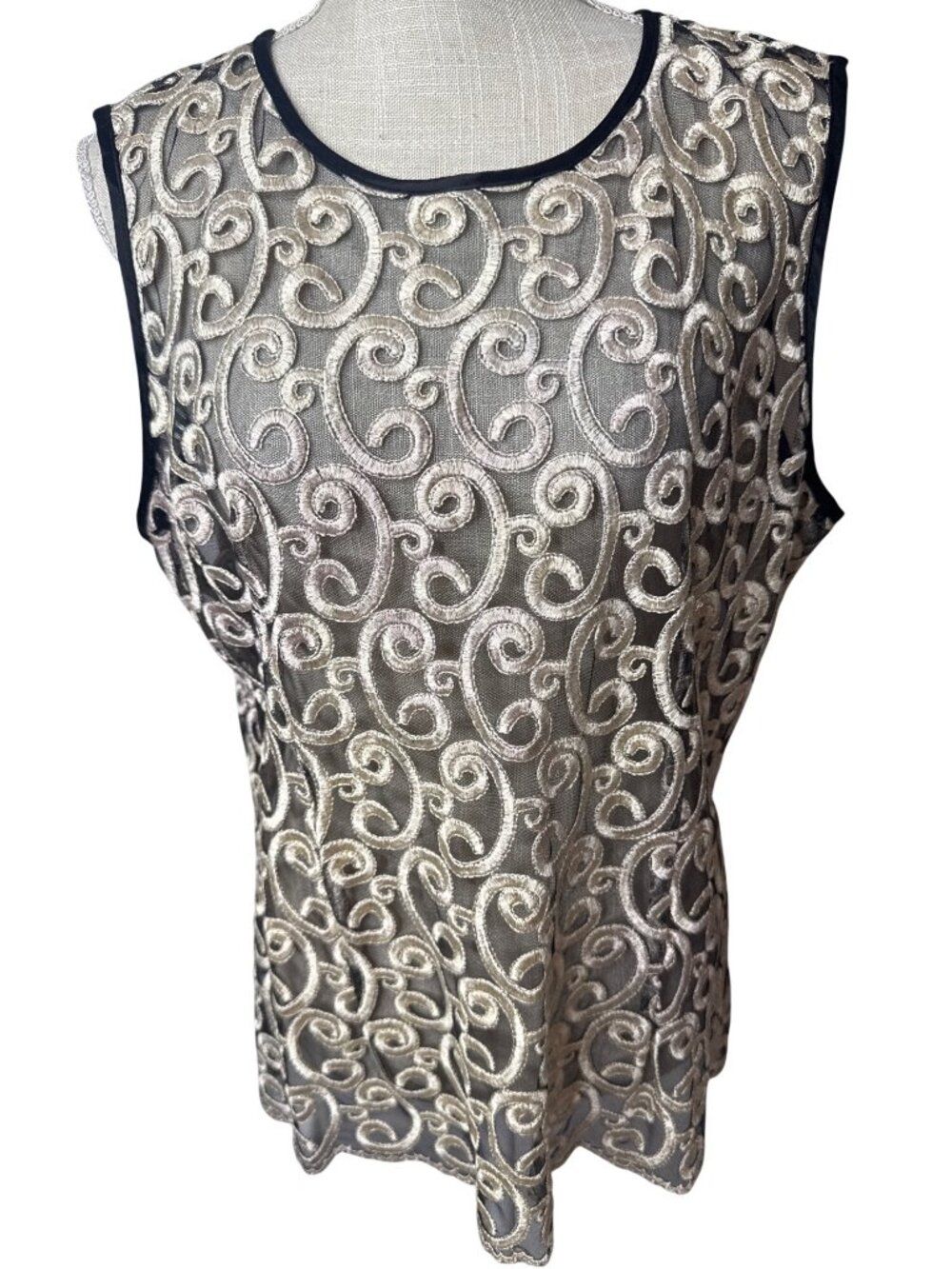 SAM Gold & Black Sheer Embroidered Sleeveless Top W/Swirl Design By SAM L